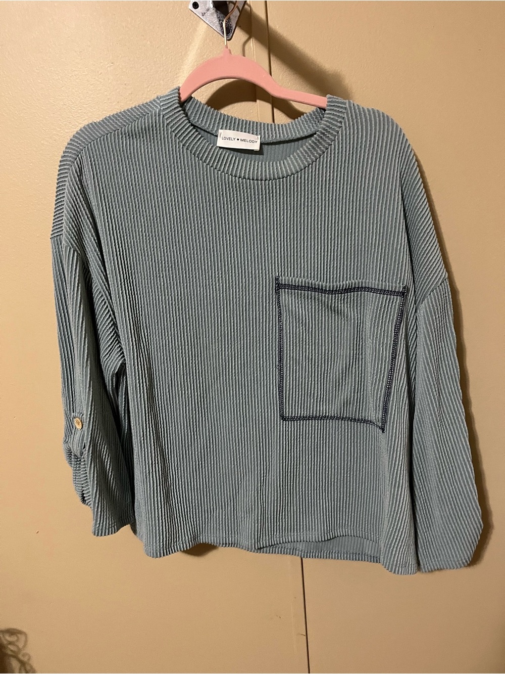 Lovely Melody Ribbed Scoop Neck Sweater in Dusty Blue with Contrast Pocket Trim